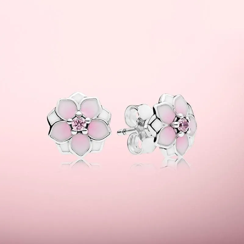 Roze Magnolia oorbellen Mooie vrouwen sieraden met originele doos voor Pandora 925 Sterling Silver Flower Stud Earring Sets