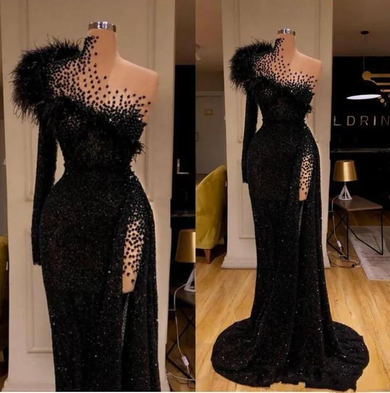 Sexy Sparkly Luxe Zwarte Schede Avondjurken Hoge Kraag Beaded Feather Split Prom Dress Formele Jurk Speciale Gelegenheid Feestjurken