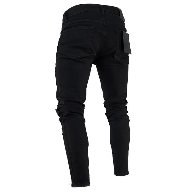 Zemtoo Erkekler Siyah Yırtık Kot Yıkılmış Yıpranmış Pantolon Zipper Dekorasyon Pantolon296t