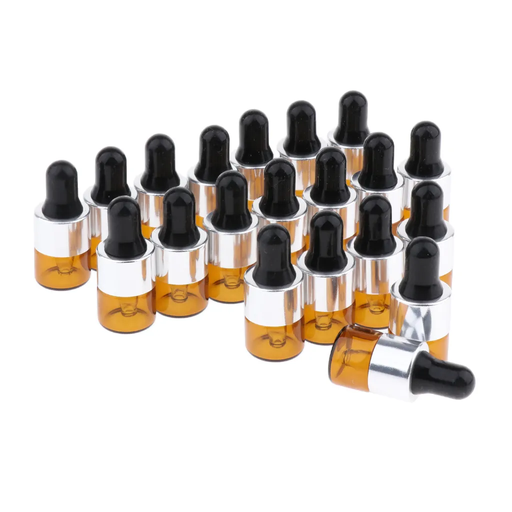 20 Pack Refill Empty Mini Amber Glass  Oils Dropper Bottles Jars, 1ml, for Cosmetic Perfume Sample Liquid Makeup