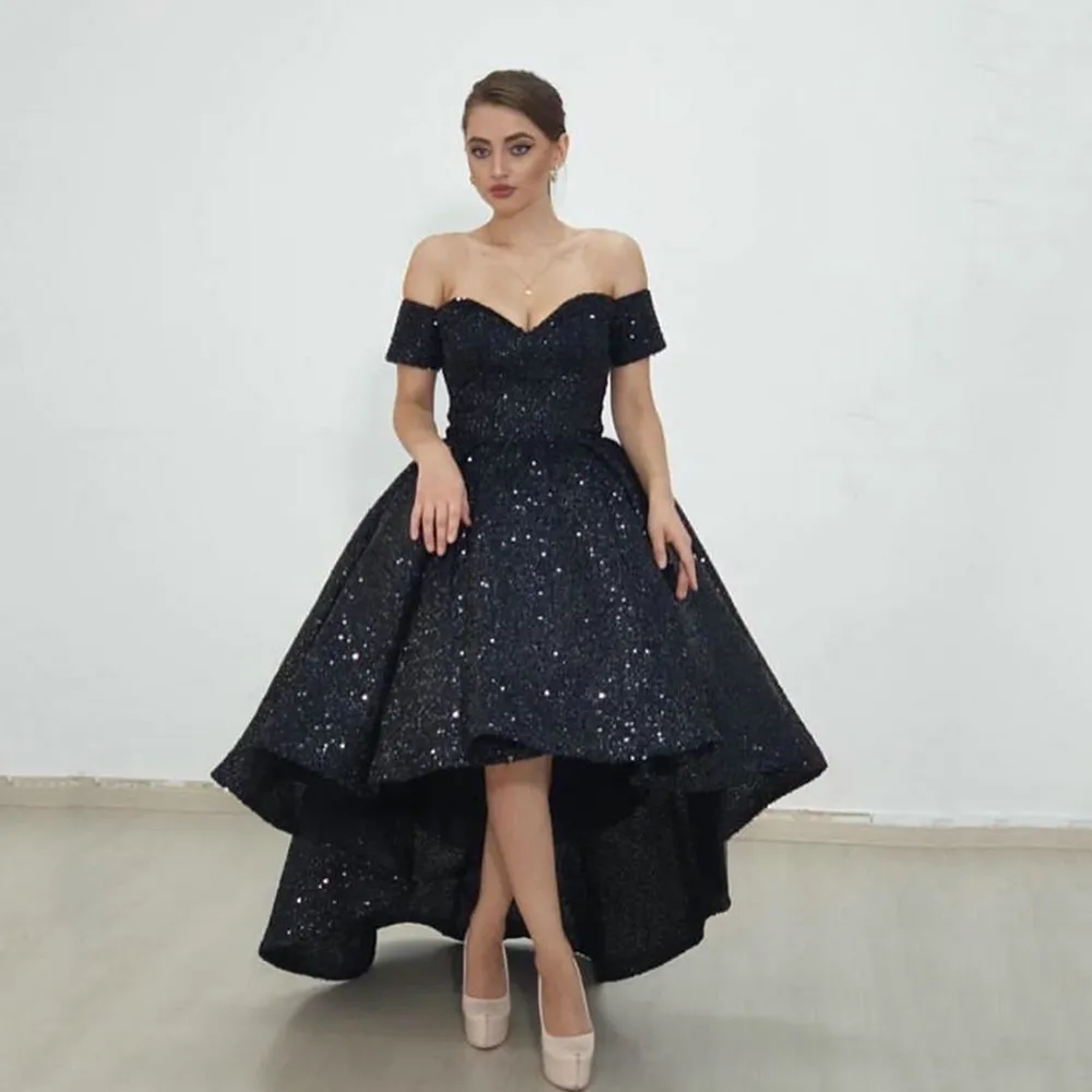 Sparkly Black High Low Prom Dress 2022 Sexy Off Shoulder Formal Sequin Avond Party Gown Saudi Arbia Lady Gala Robe de Soiree