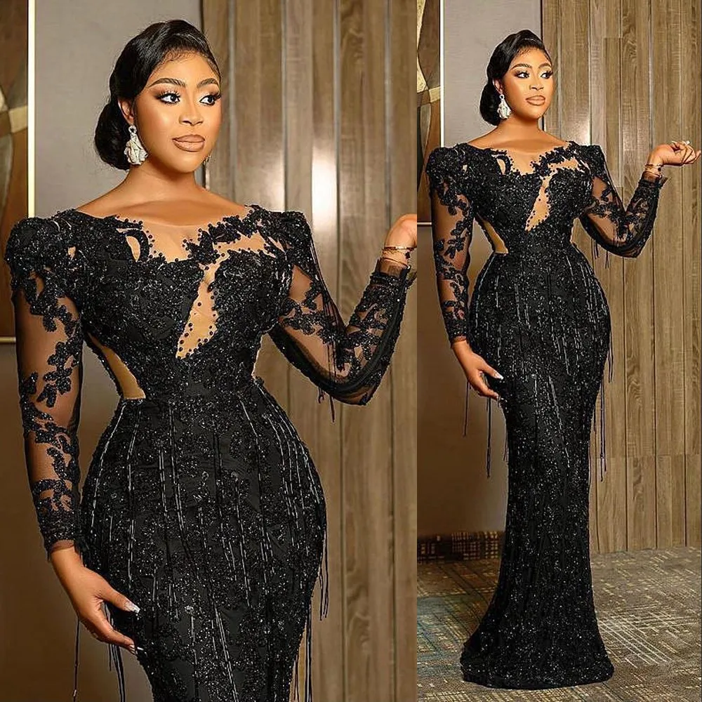 2022 Sexy Arabic Dubai Evening Dresses Wear Black Sequined Lace Bling Crystal Beads Long Sleeves Mermaid Plus Size Party Prom Gowns Cutaway Sides Floor Length