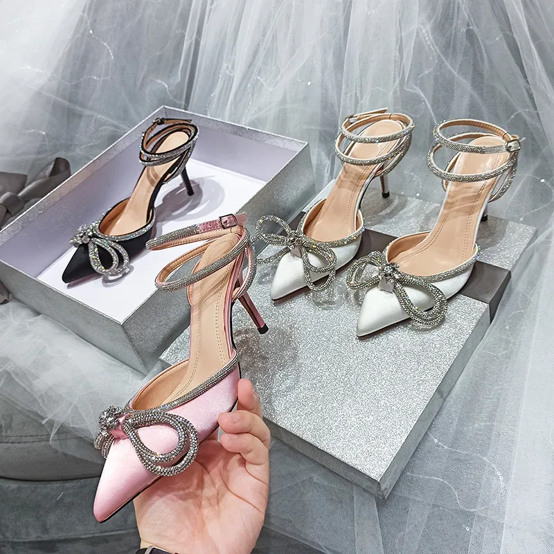 NAUSK Schuhe mit Schmetterlingsknoten, Sandalen, feiner Absatz, Sandalen für Damen, Kristallfee, Wind, rosa Fliege mit Diamant-High-Heels