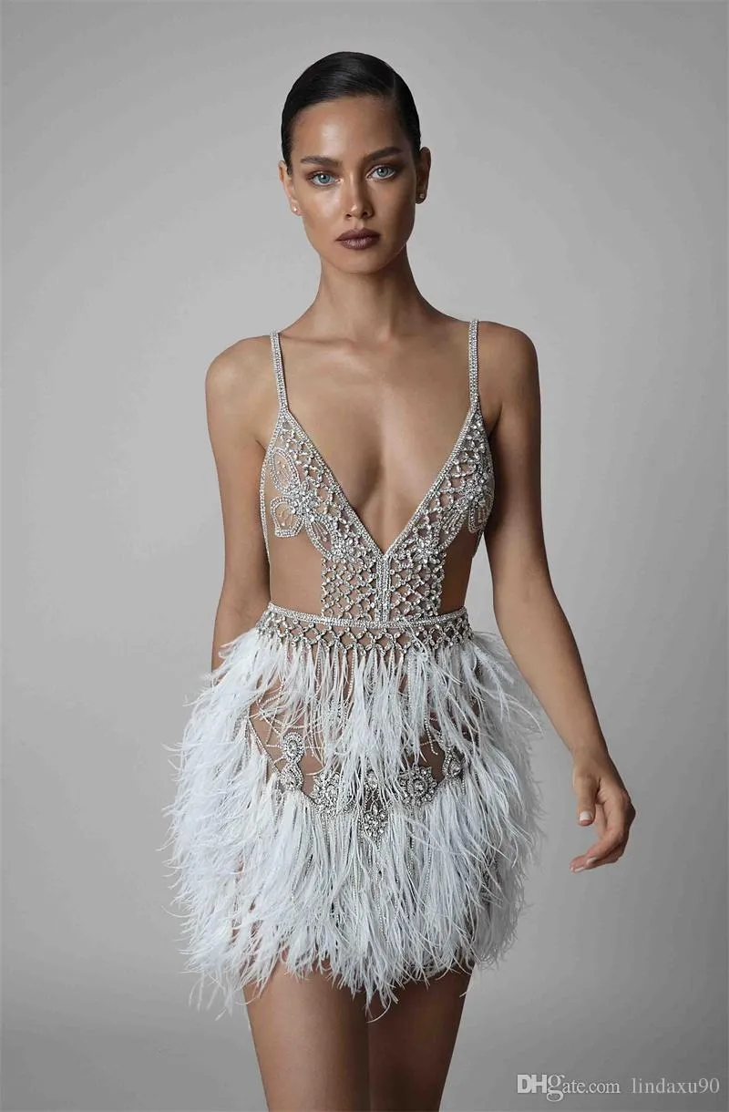 Berta Plume Robes De Cocktail Dos Nu Spaghetti Cou Cristal Perles Robe De Bal Voir À Travers Sexy Mini Robes De Soirée276a