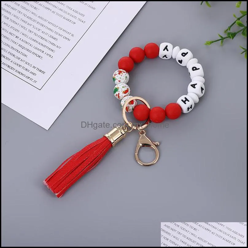 Jewelry 65 Colors Beaded Keychain Party Favor Wooden Tassel String Chain Food Grade Silicone Bead KeyRing Women Wrist Strap Bracelet