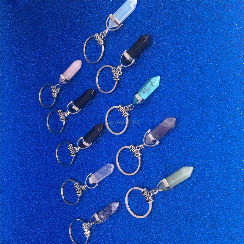 Fashion Chakra Hexagon Prism Natural Stone Keychain Key Ring Handbag Hangs Fashion Jewelry Gift will and sandy Drop Ship