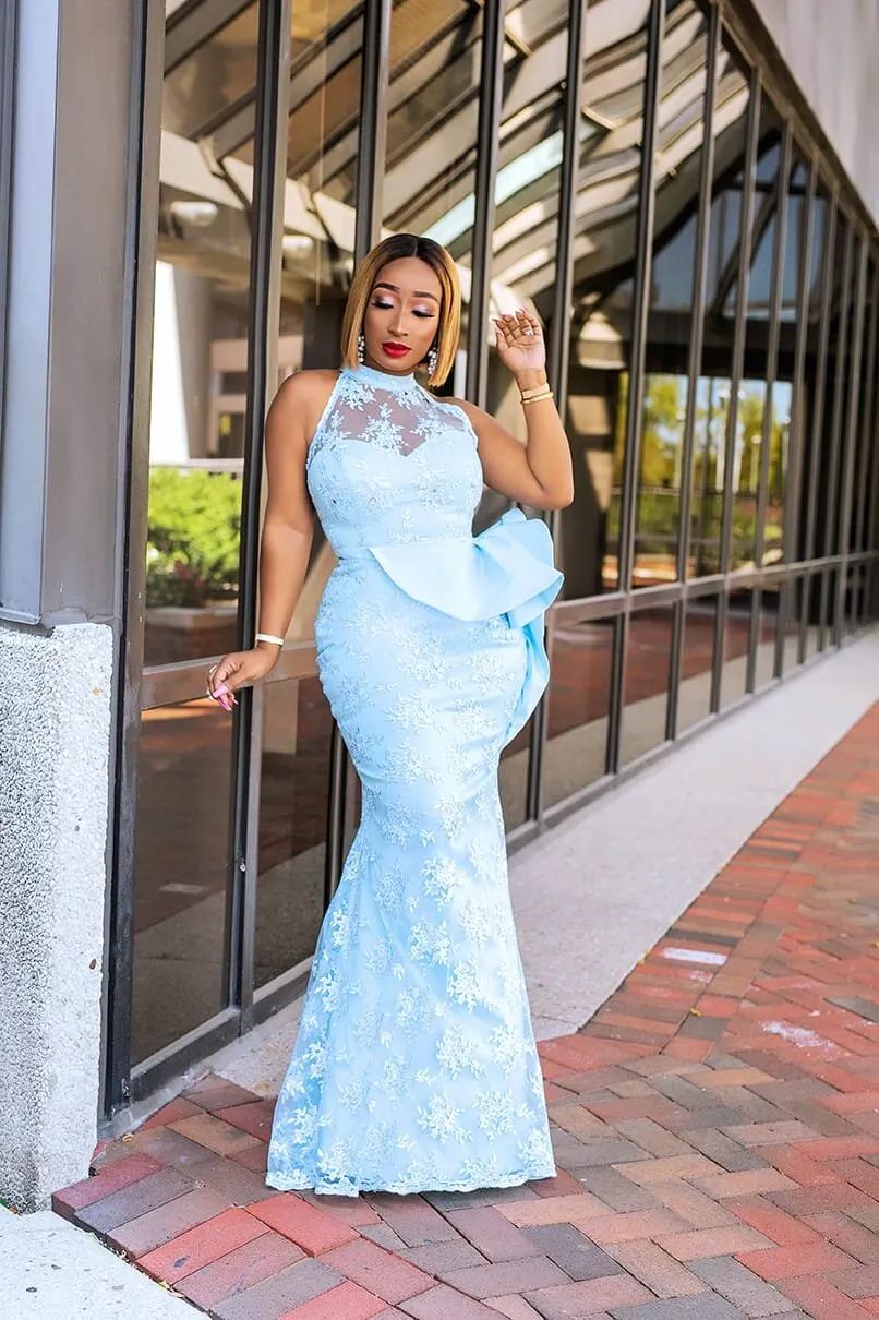 Light Sky Blue Lace Mermaid Prom Dresses Jewel Neck Peplum Evening Gowns Beaded Sleeveless Floor Length Black Girl Formal Dress275U