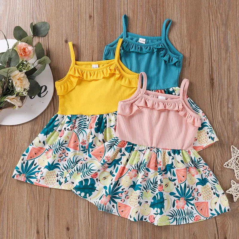 2021 Sommer Koreanisches kleines Mädchen Sling Obst Druck Kleid Baby Und Kleinkind Ruffed Hosenträger Kleider Neugeborenen Prinzessin Röcke Kleidung M3265