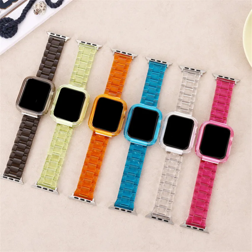 Transparenta färger Watchband Resin Ice Candy Watch Bands Tre pärla vikningsspännen för Iwatch Apple Watch 38 40 42 44mm Tillbehörsrem