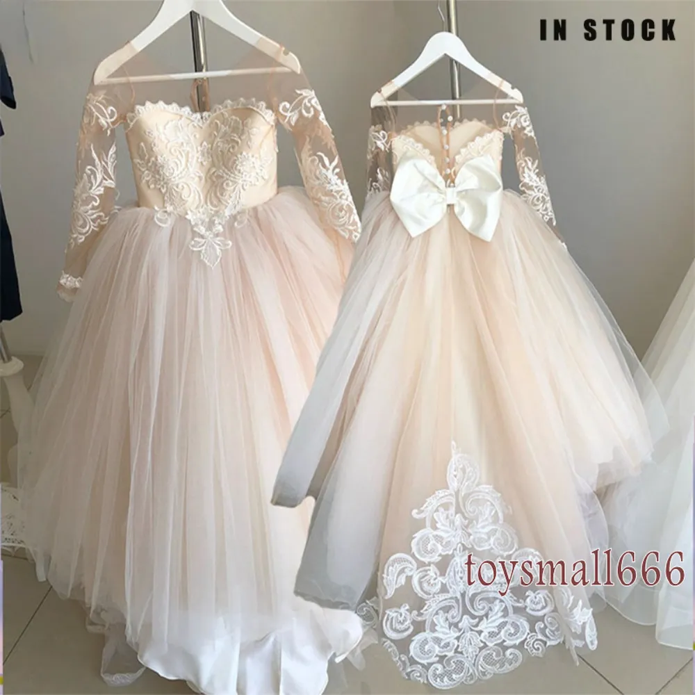 New Bow Lace Ball Gown Flower Girl Dresses For Wedding Sweet Long Sleeve Soft Tulle Girls Princess Communion Dresses FS9780