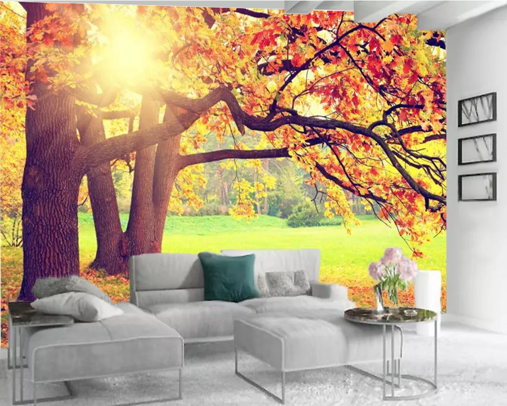 Boslandschap 3d behang mooi rood blad boom bos landschap 3d behang binnenlandse decoratieve zijde 3d muurschildering behang