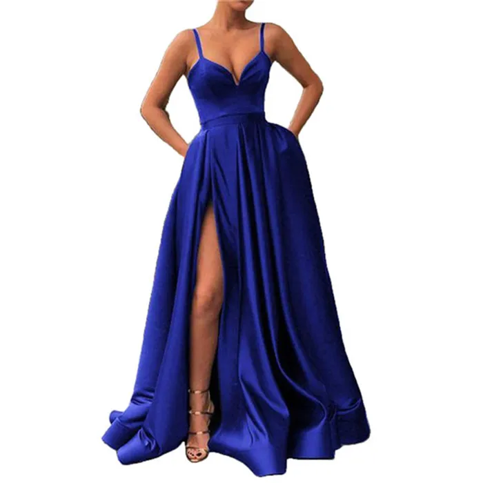 Freizeitkleider, Boutique-Anlasskleider, V-Ausschnitt, Satin-Abendkleid mit dünnen Schulterträgern, Seitenschlitz, Ballkleid, hohe Taille, Party