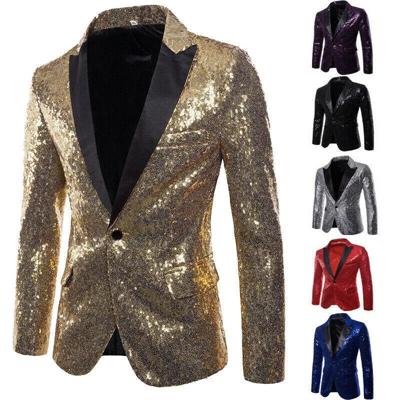 Fashion Men Sequin One Button Blazer Suit Jacket Shiny Wedding Formal Dance Club Coat