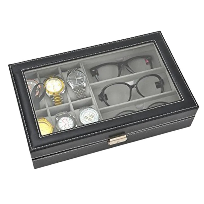 Boîte de rangement pour lunettes Boîte d'exposition transparente en cuir synthétique avec 6 grilles et 3 verres de rangement251C