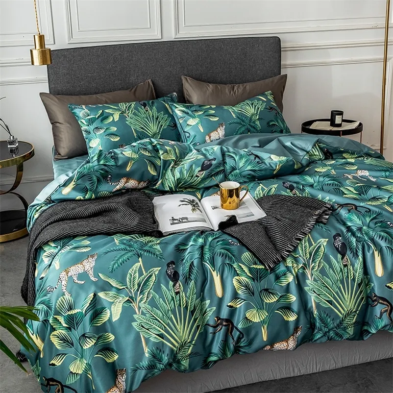 Nordic Style Bedding Sets Tropical Plants Printing Washed Silk Queen King Size Duvet Cover Bed Linen Fitted Sheet Pillowcases 201128