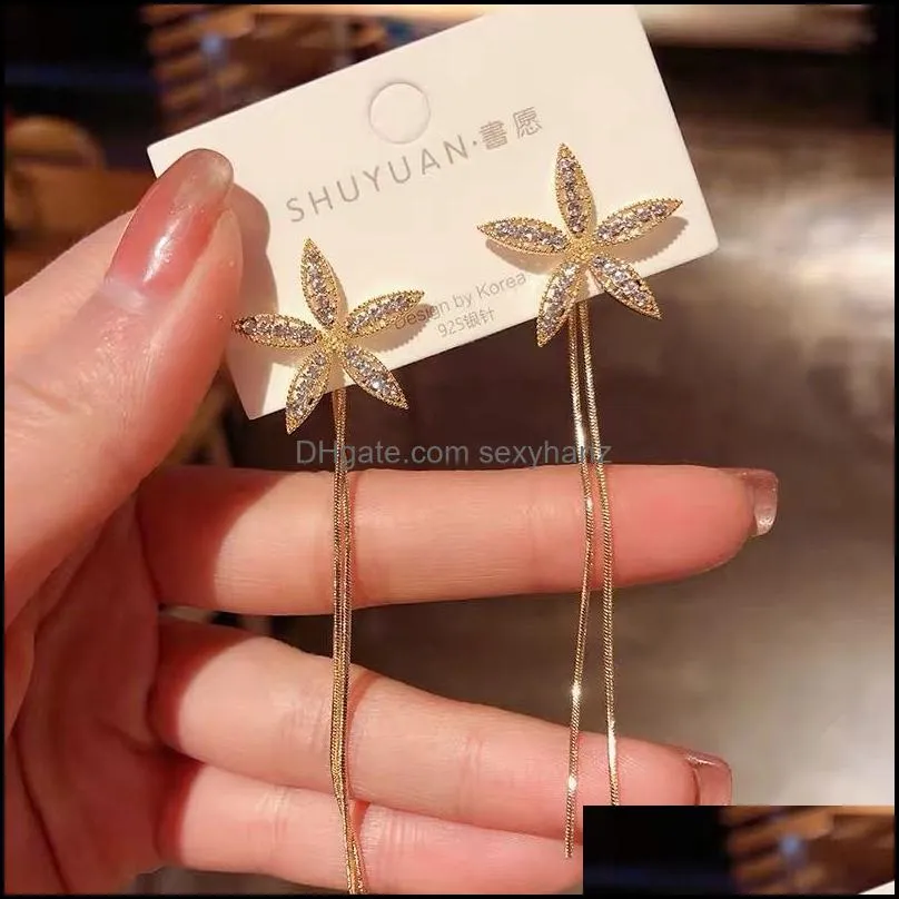 Korea Star Flower Crystal Long Tassel Bar Drop Earrings for Women Gold Ear Line Dangle Earing Wedding Fashion Jewelry Gifts