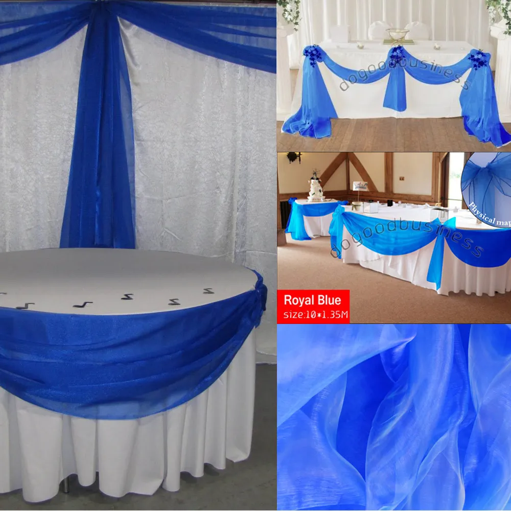 Royal Blue 10M * 1.35M Sheer Organza Swag Fabric Forniture per feste di nozze decorazione Tessili per la casa con spedizione gratuita con alta qualità 201203