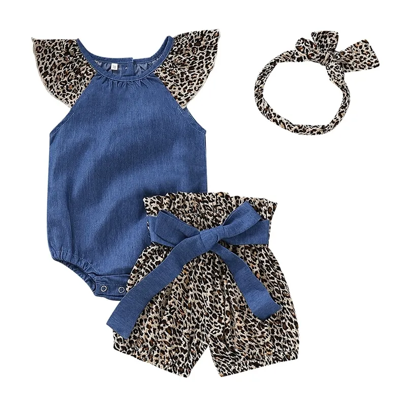 / set toddler kids meninas meninas conjunto denim sem mangas romper tops + leopardo curral + headband verão bebê roupas lj201221