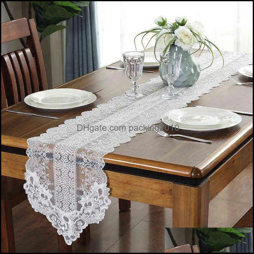 Proud Rose Korean Lace Table Runner Wedding Decoration White Table Flag Embroidered Tablecloths TV Cabinet Table Cover 220107