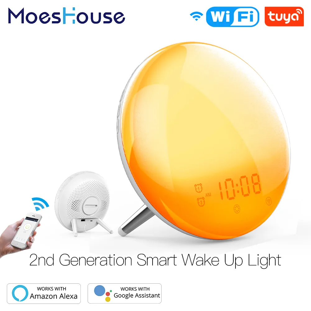 WiFi Smart Wake Up Light Workday Alarm Clock with 7 Colors Sunrise/Sunset Smart Life Tuya APP Works with Alexa Google Home LJ200827