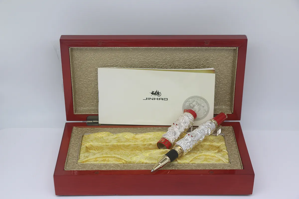 Luxe JINHAO couleur argent-rouge Unique Double Dragon gaufrage stylo à bille en métal papeterie fournitures de bureau scolaire pour le meilleur cadeau