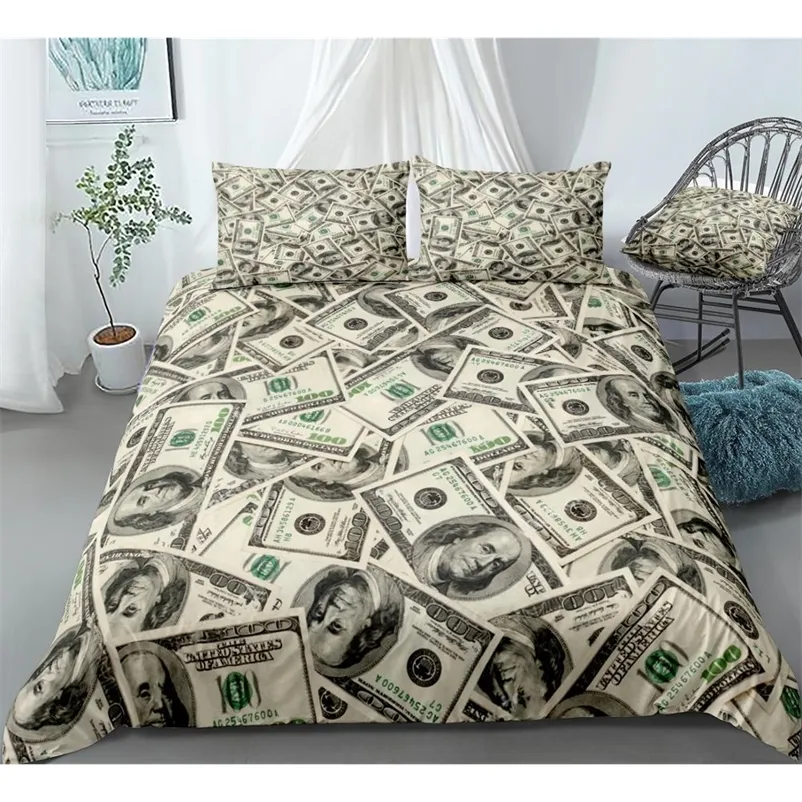 Dinheiro Bedding Set Dólar Dormal Cobertura Conjunto Rainha Moderna Bedlochees Engraçado Cool Home Têxteis para Meninos Adolescentes Impressão Digital 201021