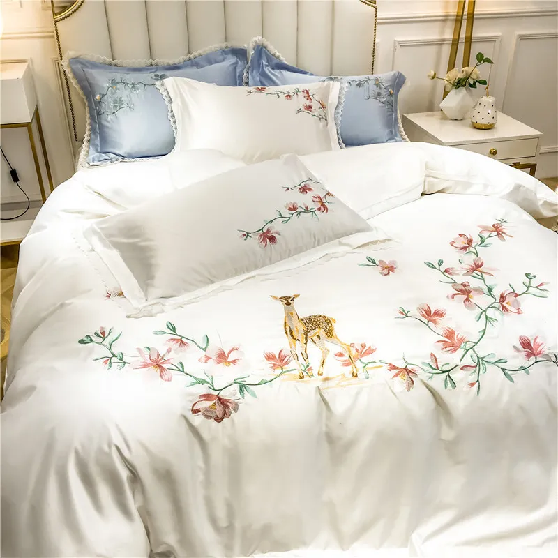 Luxo Estilo Nórdico Flores Deer Bordado Bordado Lavado de Algodão De Algodão Set Lace Duvet Capa Roupa de Cama Filted Folha Frolas T200706