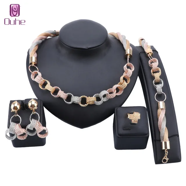 African Jewelry Charm Necklace Earrings Dubai Gold Colorful Jewelry Sets for Women Wedding Bridal Bracelet Ring Set