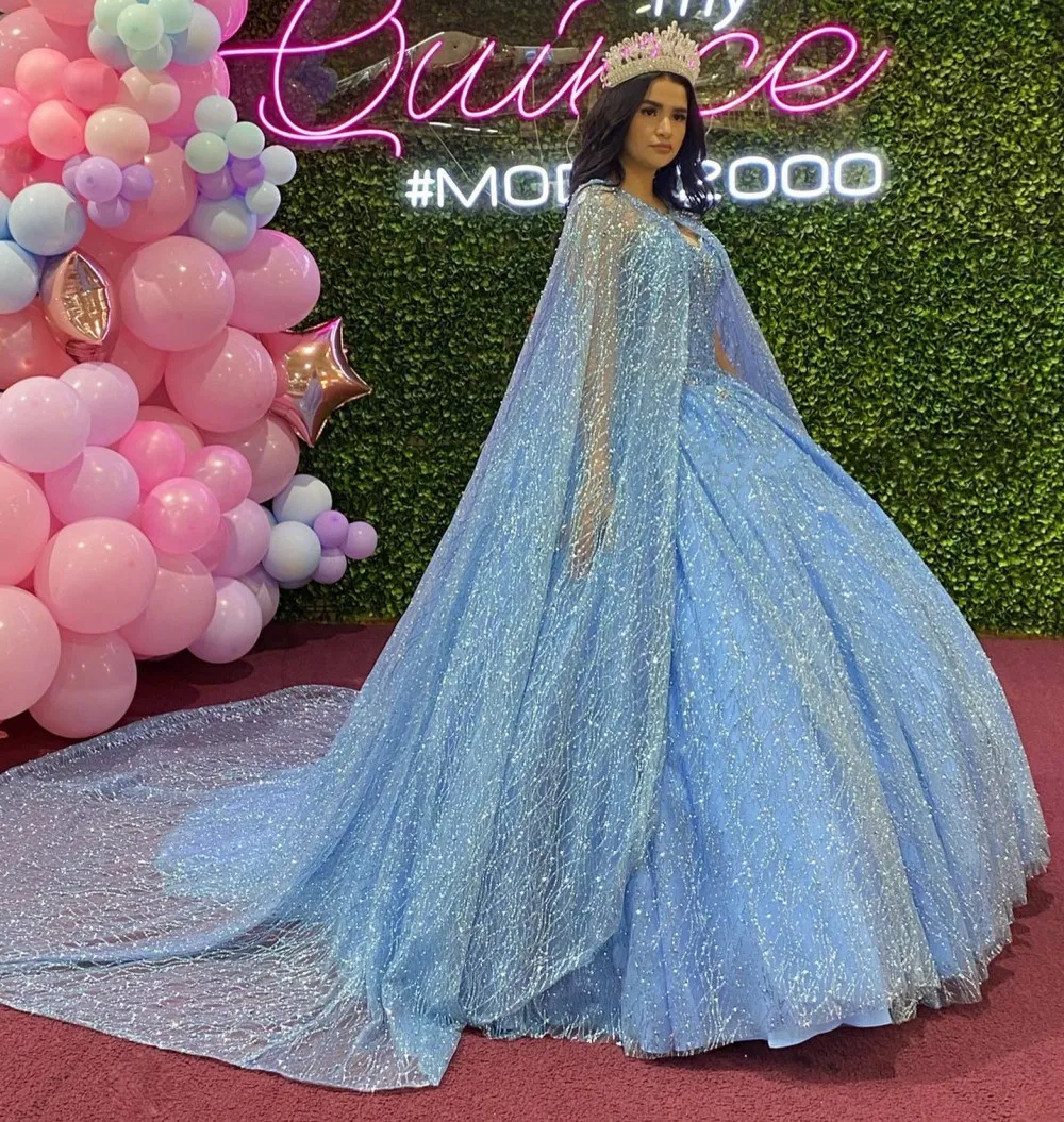 Vestidos De XV A os Quinceanera Dress with Wrap Sequined Beaded sky blue Ball Gown Prom Dresses Puffy Skirt Party Sweet 16 Dress