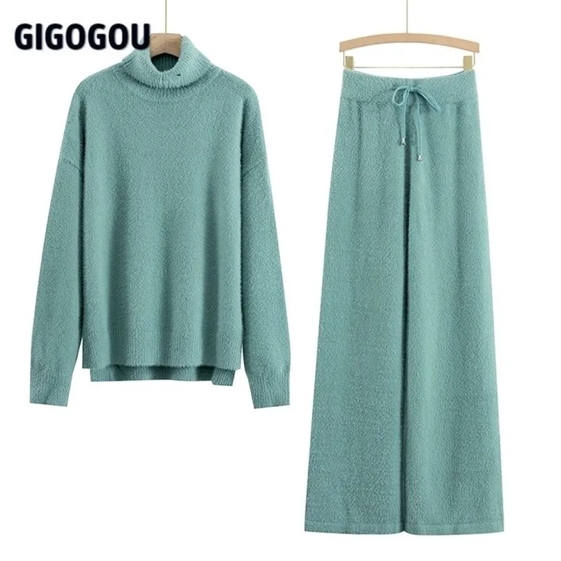 GIGOGOU Luxury Cashmere Minsk Women Wide Leg Pant Suits Thick Warm Turtleneck Sweater Tracksuits 2/Two Piece Sets Clothing 211221