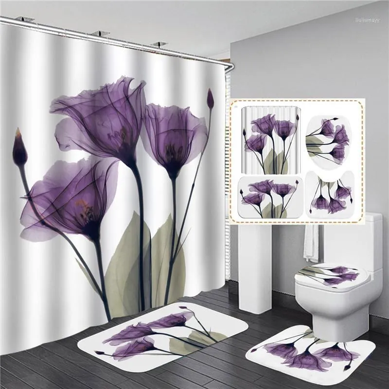 Tulipani Lavanda Speranza Stampato Impermeabile Bagno Tenda Della Doccia Set Tappeto Antiscivolo Tappetino Pavimento Copriwater Bagno di Casa Tappetino Da Bagno Tappeto1