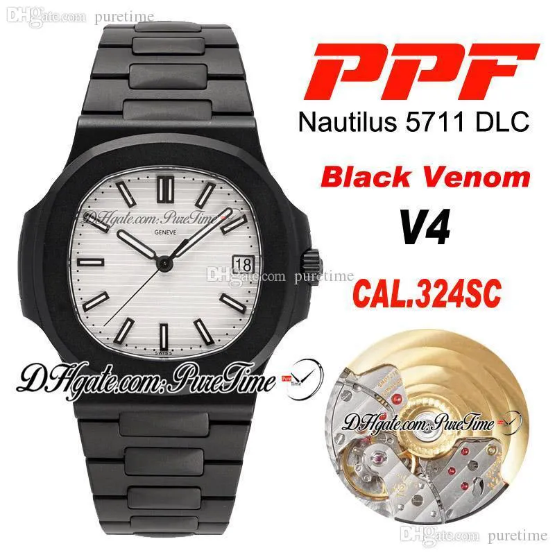 Nouveau PPF 5711 324SC 324CS Montre automatique pour homme Black Venom DLC Cadran blanc Texture Bracelet en acier inoxydable 40 mm Meilleure édition PTPP Puretime v9