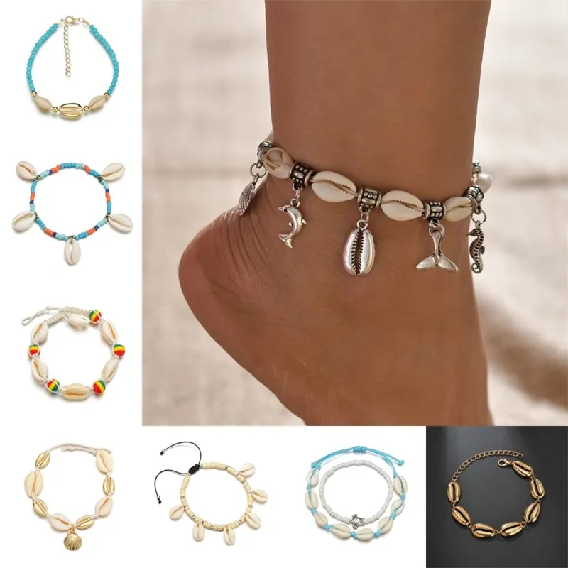 Bohemian Sea Shell Anklet For Women Seed Beads chains Dolphin Turtle Pendant Charm Summer Beach Barefoot ankle Bracelet On Leg 117 L2
