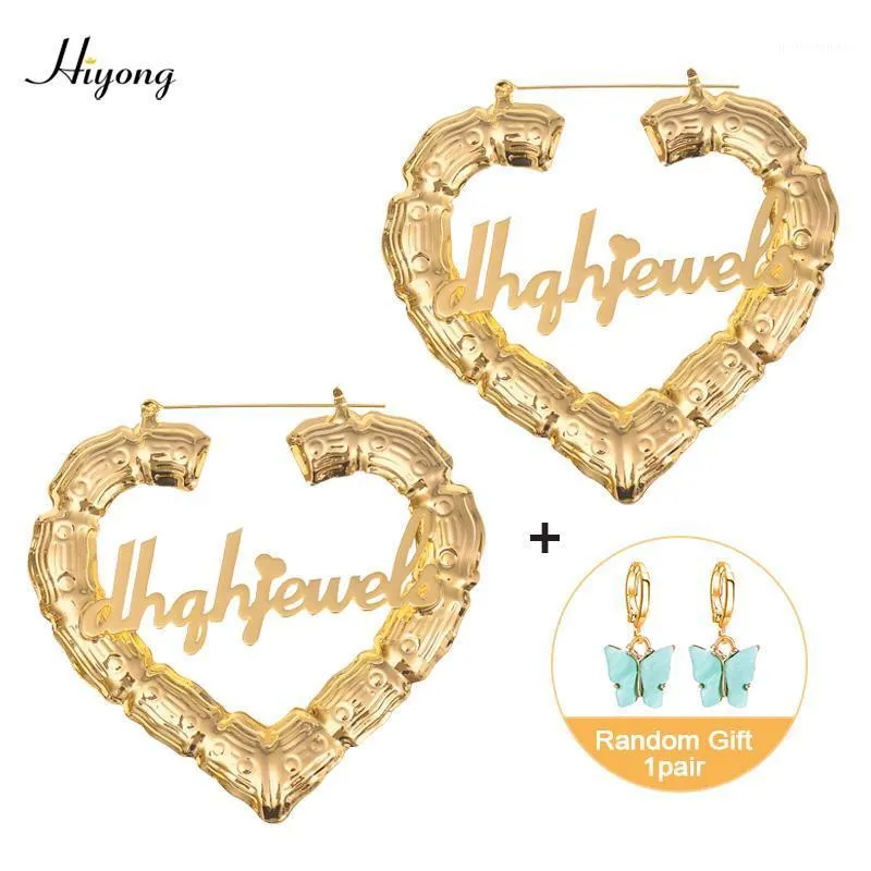 70/90mm Custom Earrings Love shape Hiphop Bamboo Hoop Earrings Customizable Heart Customize Name for Women Girls1