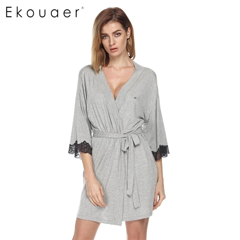 Ekouaer Frauen Nachtwäsche Nachtwäsche Kimono Robe Soild Winter Herbst Casual Baumwolle Bademantel Gürtel Elegante Badezimmer Spa Robe 210203