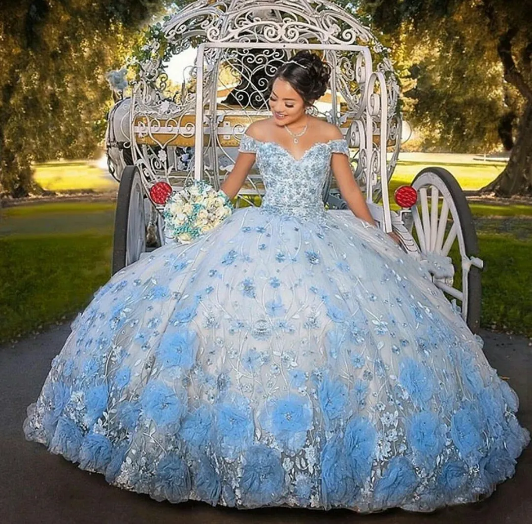 Sweet 16 Princess Quinceanera Dresses Sexy Off Shoulder 3D Lace Appliques Formal Pageant Ball Gown for Girls Custom Made Vestidos