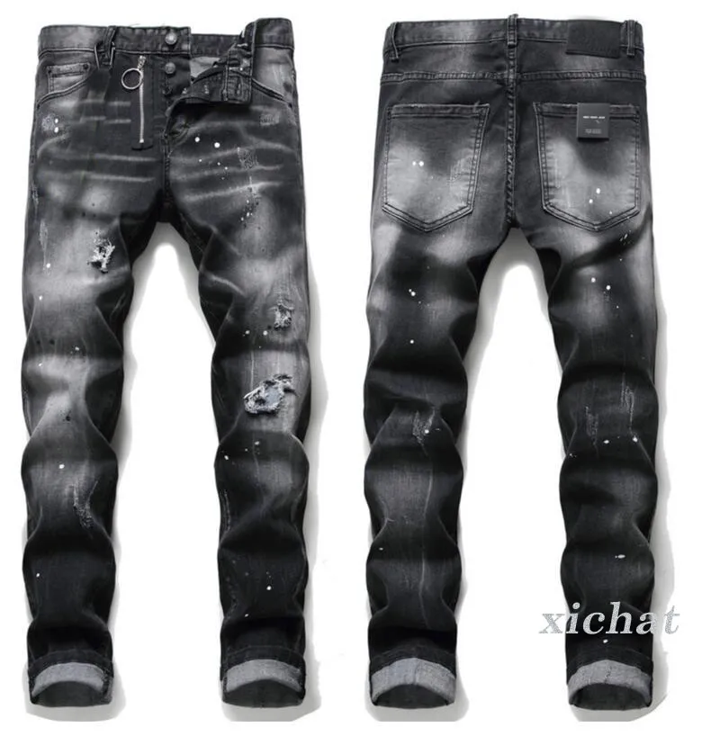 Jeans Motociclista Uomo Slim Fit Strappati Neri, Elasticizzati In Cotone Con Gamba Dritta, Pantaloni Denim Distrutti Taglia 48
