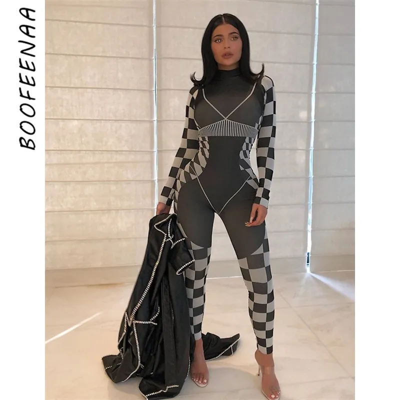 Boofeenaa черный спандекс с длинным рукавом Bodycon комбинезон Kyliejenner Sexy Club One Piece Outfit прыжки для женщин C87-AE96 T200509