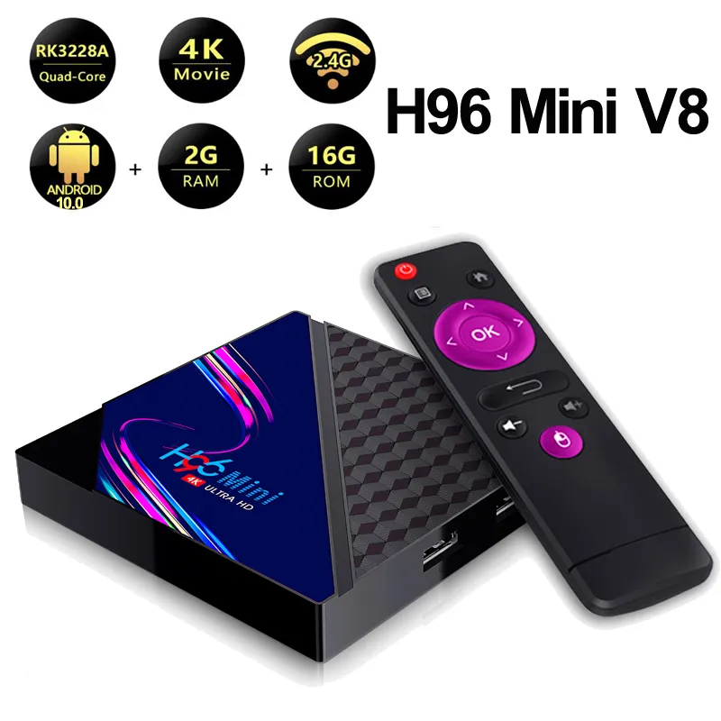 Android 10 H96 Mini V8 Smart TV Box 1080P 4K 3D-stöd TikTok Media Player Set-top Box 2.4G Wifi RK3328A