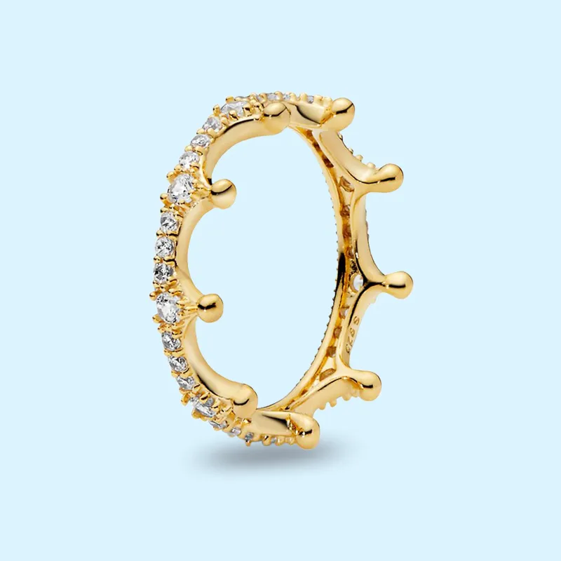 Fede nuziale da donna placcata in oro reale Gioielli in cristallo con diamante CZ con cofanetto originale Argento sterling 925 per anelli Pandora