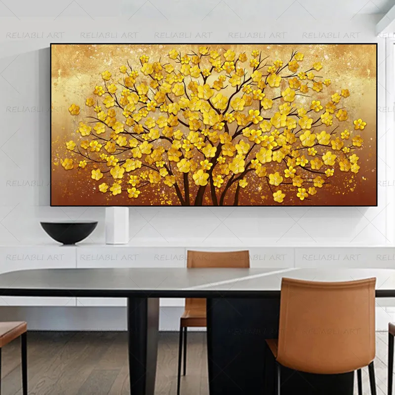 Peinture à l'huile moderne imprimée sur toile doré jaune riche arbre fleur plante Art affiches et impressions mur photo pour salon