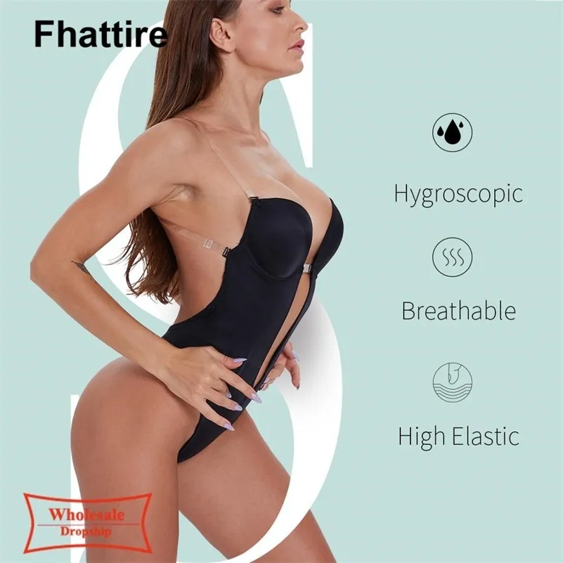 Women Body Shaper Clear Strap Backless Shapewear Deep Plunge Thong Push Up  Padded Bra Bodysuit Low Back Beige Slimming Underwear Y200706 From SG $53.9