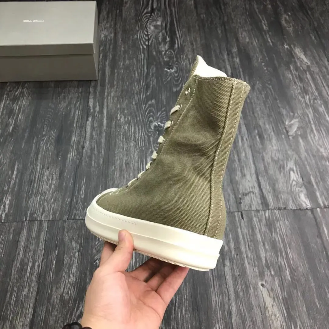 High Quality Famous Designer Rick Men Women Owens Lace Up Boots Fashion Trainer Shoes Sneakers Fragrant Sole Green Canvas Motorcycle Boot With Box