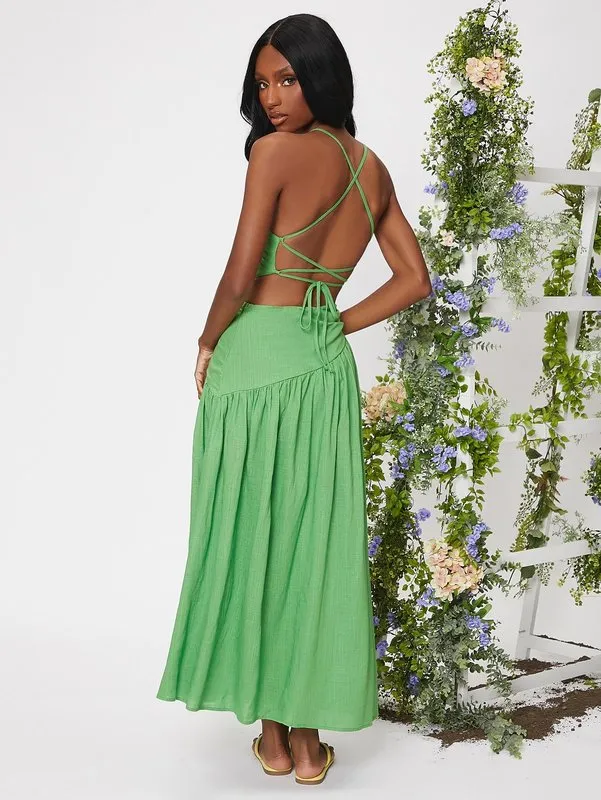 She Criss Cross Lace-Up Green Maxi Dress with Backless Cut-Out and Ruched Ruffle Hem