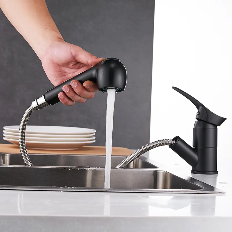 Kitchen Faucets Grifos De Cocina Swivel Pull Out Kitchen Sink Faucet Water-Saving black Basin Crane Mixer Brass Tap WF-7005 T200424