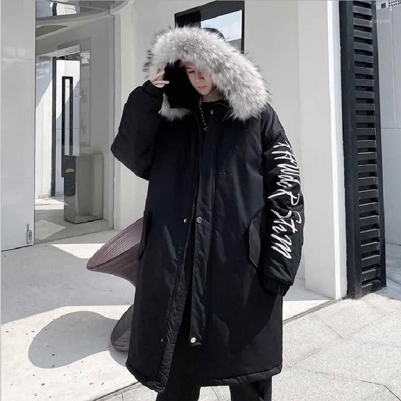 Erkek Aşağı Parkas 2021 Kış Hip Hop Moda Uzun Kürk Yaka Ceket Pamuk Ceket Hoodies Giyim Sokak Giyim Kabanlar Mont Sıcak Kalın1