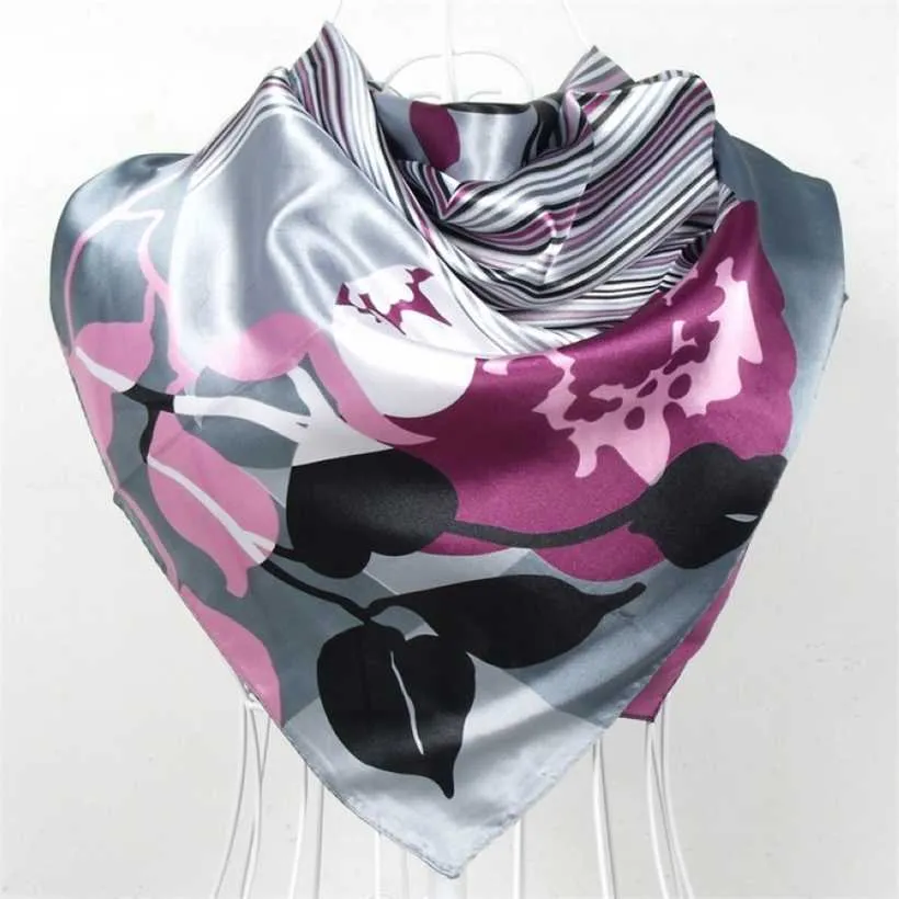 Femmes élégentes grandes écharpes de soie carrée imprimées, 90 * 90 cm de mode de mode et d'automne gris châle de polyester violet 220106