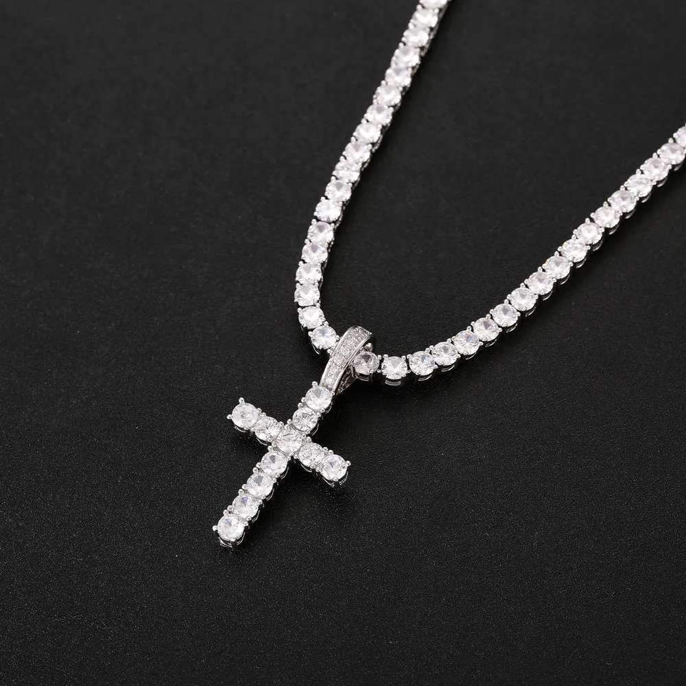 Iced Out Zircon Cross Pendant with 4mm Tennis Chain Necklace Set Mens Hip Hop Jewelry Gold Silver Cz