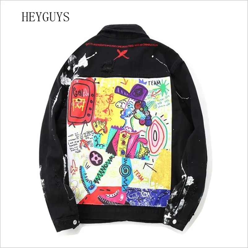 Graffiti Appliques Hip Hop Jean Jacket Men Art Gone Mad Turn Down Collar Denim Jackets Men Streetwear Clothes Rated LJ201013