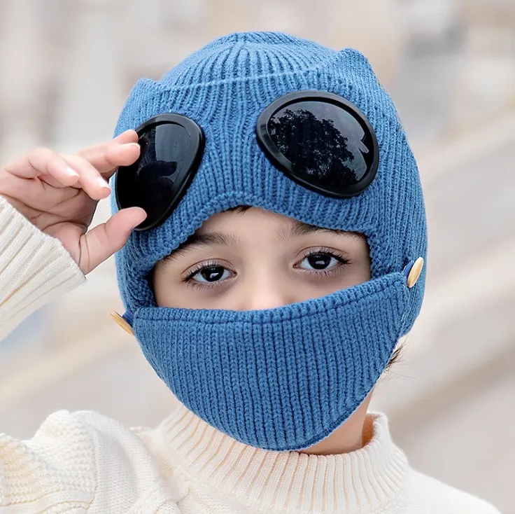 Cagoule Bébé Fille Garçon Mignon Echarpe Hiver Chaud Cache Oreilles  Chapeaux Tricoté Enfant Double Pompon Cagoule Balaclava pour Ski Snowboard  